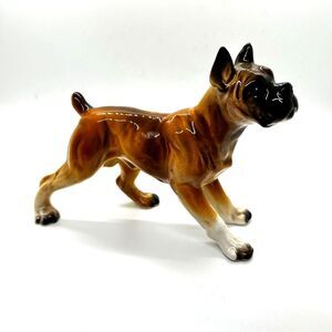 Antique Vintage MCM Brown Porcelain 7.5"Boxer Dog Figurine Stamped Japan